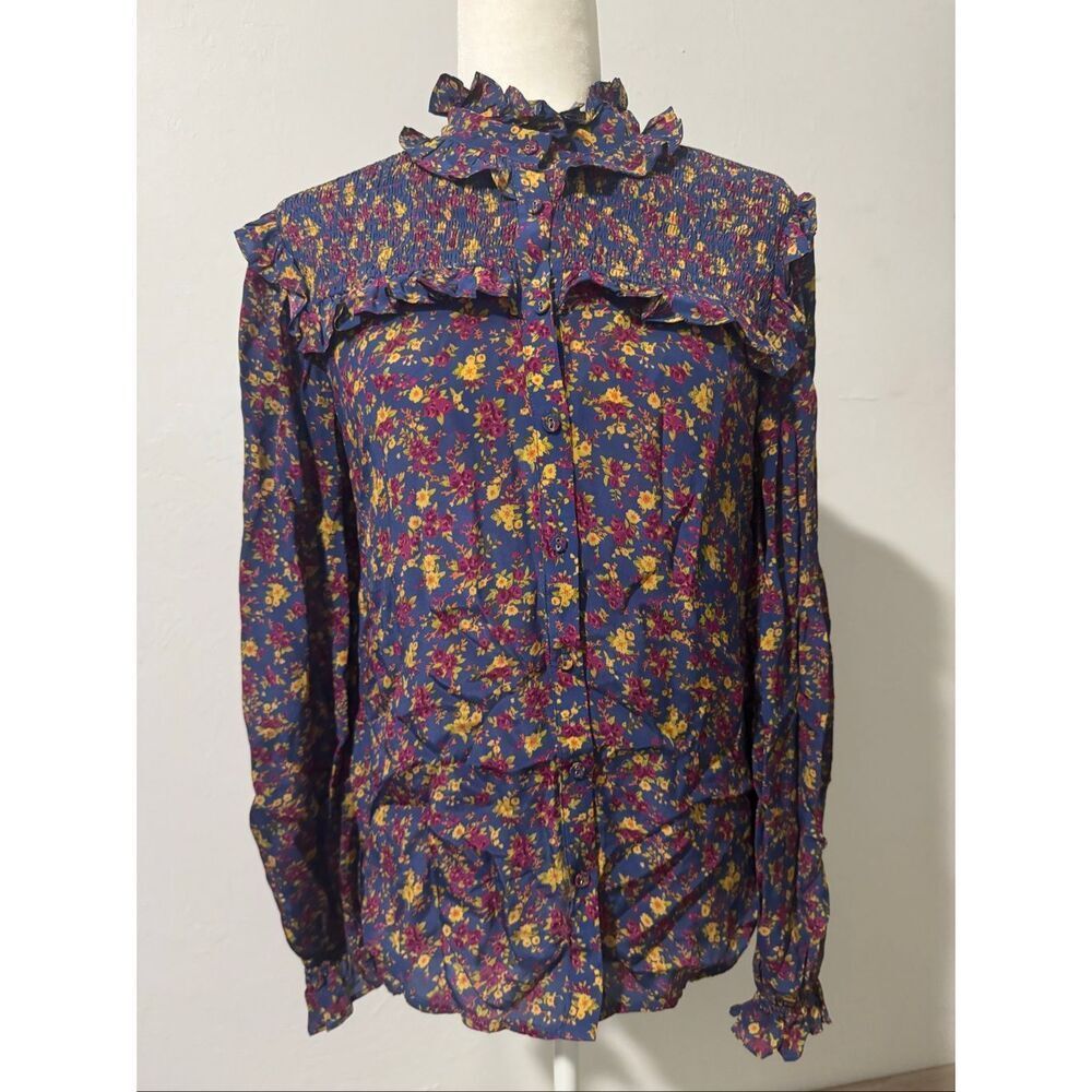 Gliner Farrar boho floral ruffle long sleeve button front Top M - Picture 1 of 9